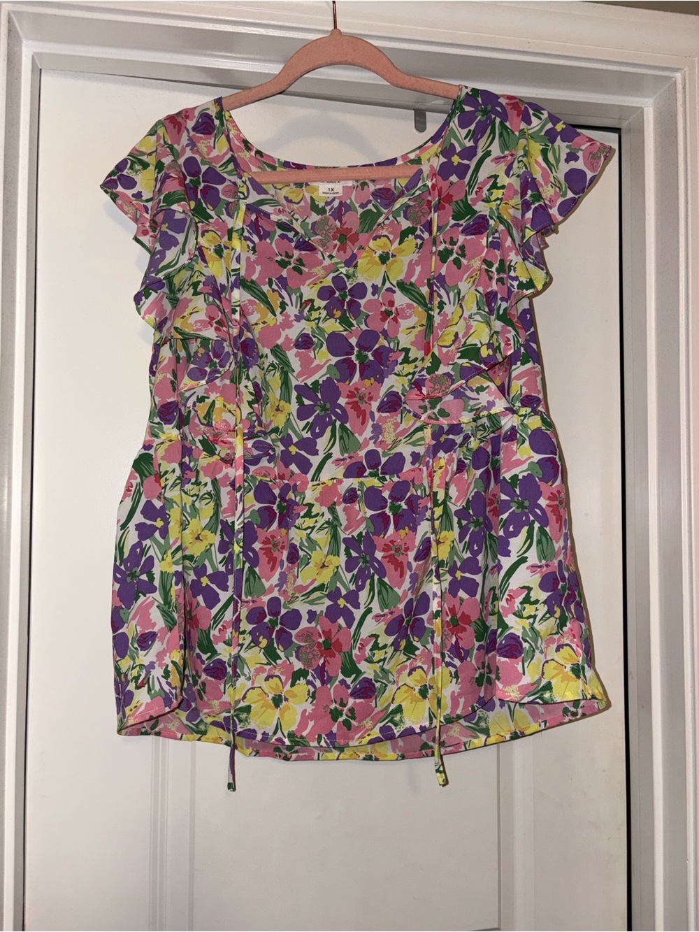 Chic Soul Pink Purple Yellow Floral Flutter Sleeve Blouse